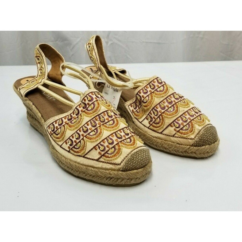 CitiCross Womens Beige Slingback Cloth Rhinestones Wedge Heel Shoes, Size 7 NWT